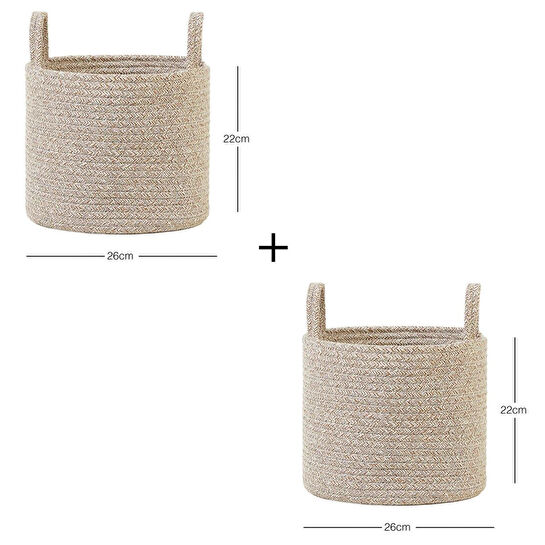 Ocean Home Textile 2'li Bej Kırçıllı Pamuklu Halat Sepet Set 26 X 22 Cm