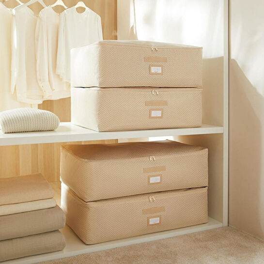 Ocean Home Textile 4'lü Bej Balıksırtı Baza Altı Hurç Set 2 Adet 62 X 46 X 22 / 2 Adet 74 X 46 X 22 Cm