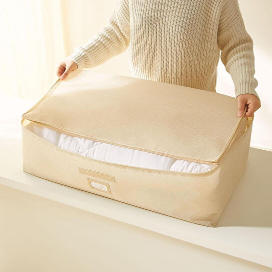 Ocean Home Textile 4'lü Bej Balıksırtı Baza Altı Hurç Set 2 Adet 62 X 46 X 22 / 2 Adet 74 X 46 X 22 Cm