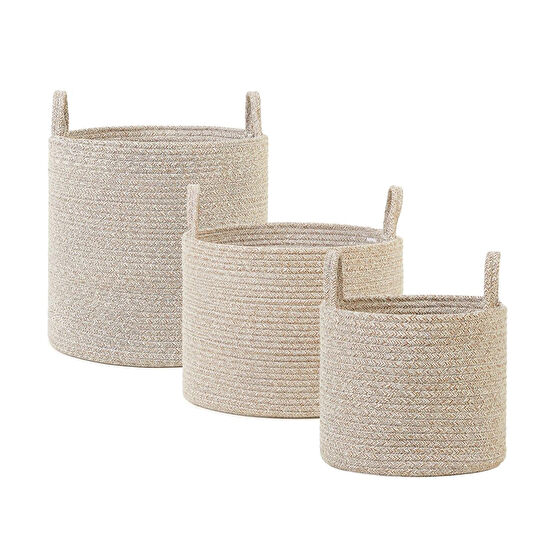 Ocean Home Textile 3'lü Bej Kırçıllı Pamuklu Halat Sepet Set 26 X 22 / 35 X 27 / 40 X 40 Cm