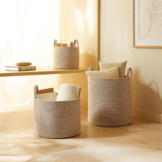 Ocean Home Textile 3'lü Bej Kırçıllı Pamuklu Halat Sepet Set 26 X 22 / 35 X 27 / 40 X 40 Cm