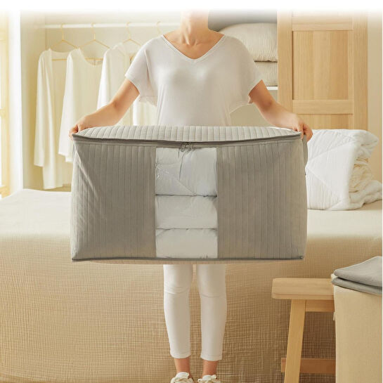 Ocean Home Textile 3'lü Pvc Pencereli Gri Renk Kapitone Hurç Set