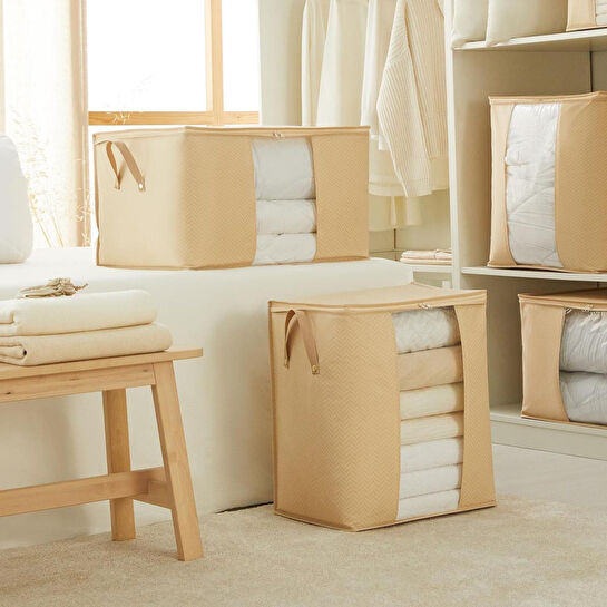 Ocean Home Textile 2'li Pvc Pencereli Bej Balıksırtı Hurç Set 1 Adet 45 X 30 X 50 / 1 Adet 60 X 43 X 35 Cm