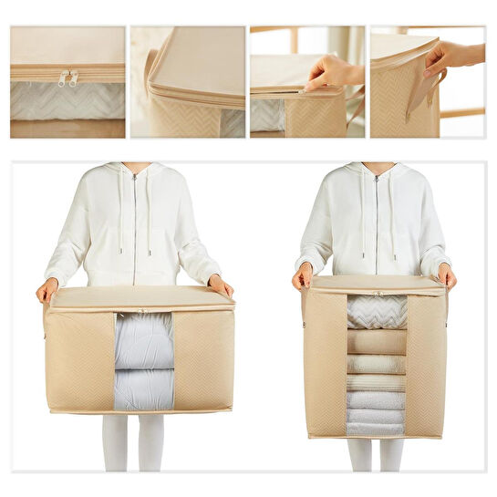 Ocean Home Textile 2'li Pvc Pencereli Bej Balıksırtı Hurç Set 1 Adet 45 X 30 X 50 / 1 Adet 60 X 43 X 35 Cm