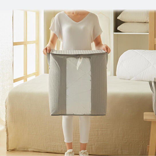 Ocean Home Textile 2'li Pvc Pencereli Gri Renk Kapitone Hurç Set 1 Adet 45 X 30 X 50 / 1 Adet 60 X 43 X 35 Cm