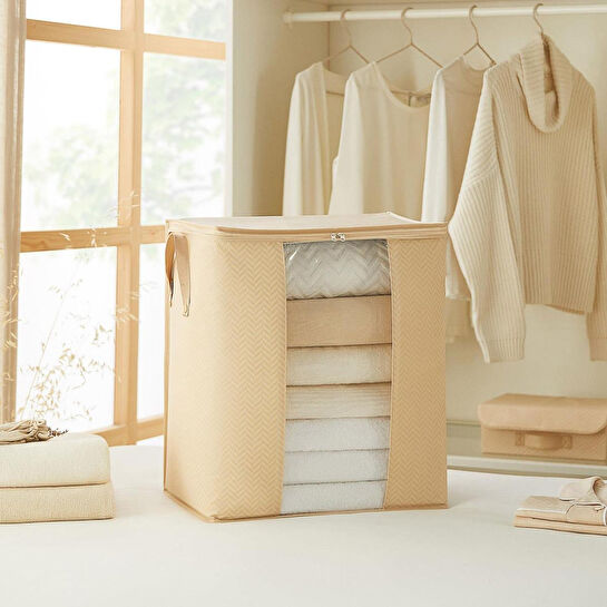 Ocean Home Textile Pvc Pencereli Bej Balıksırtı Hurç 45 X 30 X 50 Cm