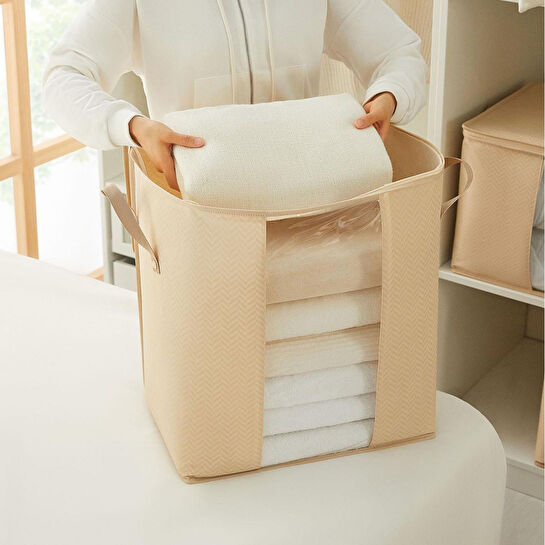 Ocean Home Textile Pvc Pencereli Bej Balıksırtı Hurç 45 X 30 X 50 Cm