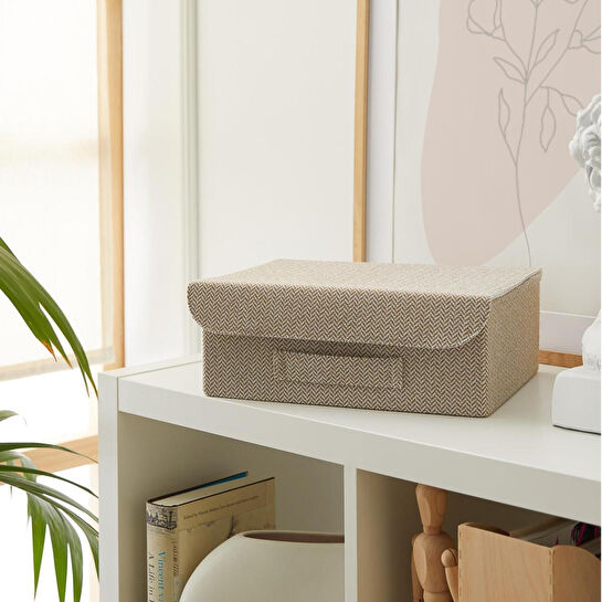 Ocean Home Textile Çekmece İçi Bej Renk Dokulu Kumaş Kapaklı Kutu 30 X 23 X 11 Cm