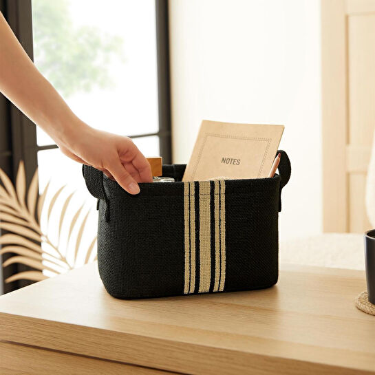 Ocean Home Textile Çizgili Siyah Renk Jüt Sepet 24 X 17 X 14 Cm