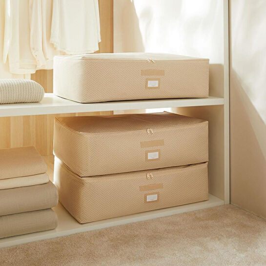 Ocean Home Textile 3'lü Mega Boy Bej Balıksırtı Baza Altı Hurç Set 74 X 46 X 22 Cm