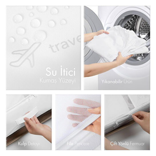 Ocean Home Textile 4'lü Yıkanabilir Beyaz Renk Paraşüt Kumaş Bavul İçi Organizer Set