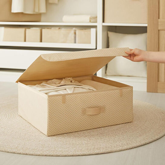 Ocean Home Textile Bej Balıksırtı Kapaklı Kutu 48 X 40 X 19 Cm