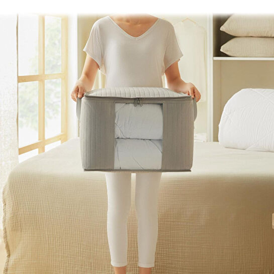 Ocean Home Textile Orta Boy Pvc Pencereli Gri Renk Kapitone Hurç 45 X 40 X 30 Cm