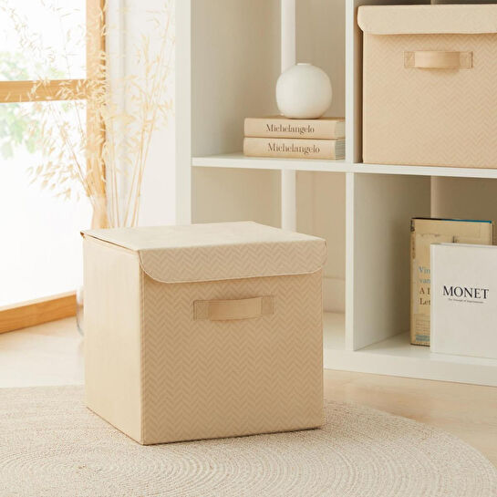 Ocean Home Textile Bej Balıksırtı Kapaklı Kutu 30 X 30 X 30 Cm