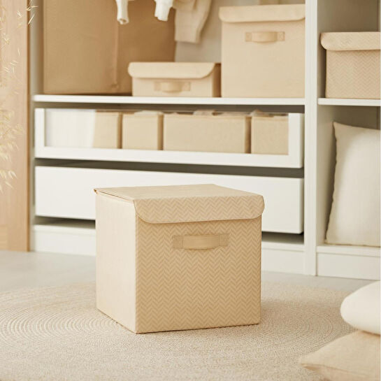Ocean Home Textile Bej Balıksırtı Kapaklı Kutu 30 X 30 X 30 Cm