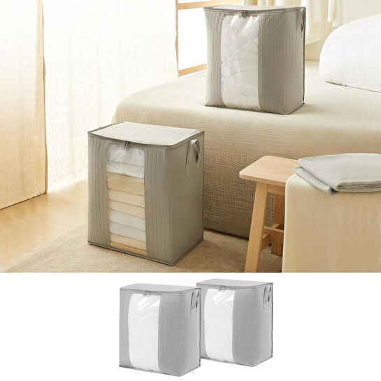 Ocean Home Textile 2'li Pvc Pencereli Gri Renk Kapitone Hurç Set 45 X 30 X 50 Cm