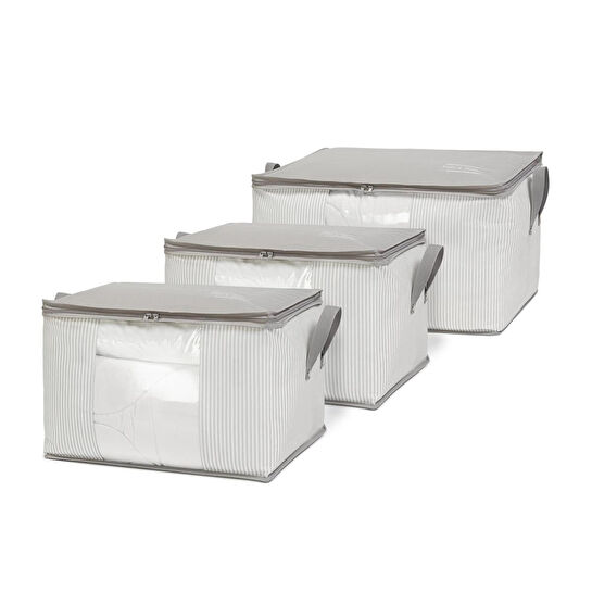 Ocean Home Textile 3'lü Pvc Pencereli Stuff & Things Gri Çizgili Hurç Set