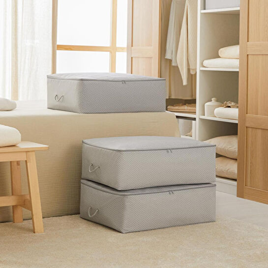 Ocean Home Textile 3'lü Büyük Boy Gri Balıksırtı Baza Altı Hurç Set 62 X 46 X 22 Cm