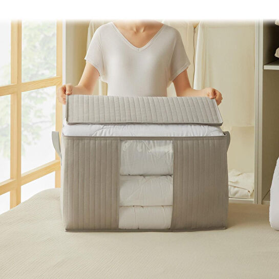 Ocean Home Textile Büyük Boy Pvc Pencereli Gri Renk Kapitone Hurç 60 X 43 X 35 Cm