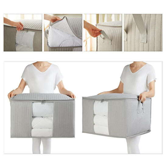 Ocean Home Textile Büyük Boy Pvc Pencereli Gri Renk Kapitone Hurç 60 X 43 X 35 Cm