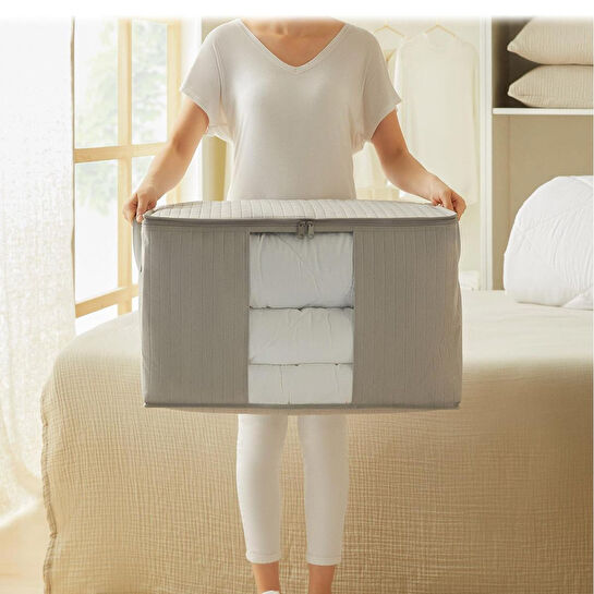 Ocean Home Textile Büyük Boy Pvc Pencereli Gri Renk Kapitone Hurç 60 X 43 X 35 Cm