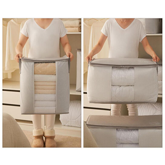 Ocean Home Textile 2'li Pvc Pencereli Stuff & Things Gri Çizgili Hurç Set