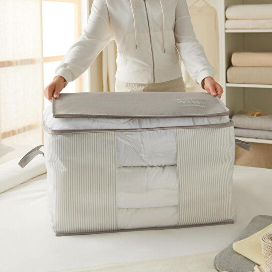 Ocean Home Textile 2'li Pvc Pencereli Stuff & Things Gri Çizgili Hurç Set