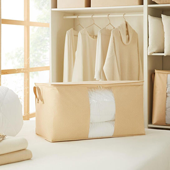 Ocean Home Textile Mega Boy Pvc Pencereli Bej Balıksırtı Hurç 75 X 40 X 40 Cm