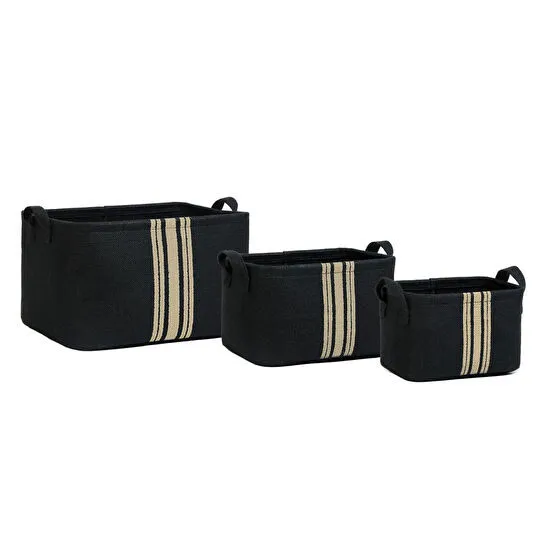 Ocean Home Textile 3'lü Çizgili Siyah Renk Jüt Sepet Set 24 X 17 X 14 / 30 X 21 X 18 / 42 X 31 X 25 Cm