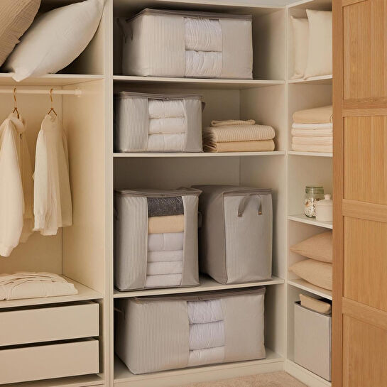 Ocean Home Textile 2'li Mega Boy Pvc Pencereli Stuff & Things Gri Çizgili Hurç Set