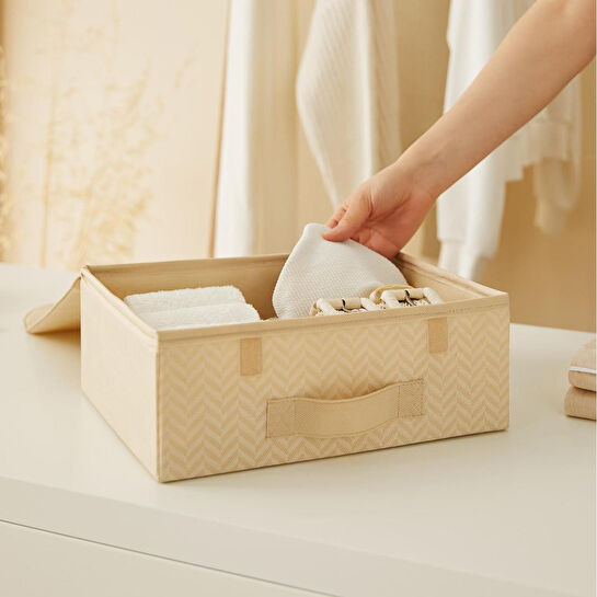 Ocean Home Textile 2'li Bej Balıksırtı Kapaklı Kutu Set 30 X 23 X 11 Cm