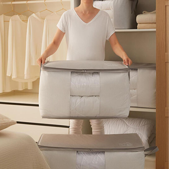 Ocean Home Textile Büyük Boy Pvc Pencereli Gri Çizgili Stuff & Things Hurç 60 X 43 X 35 Cm