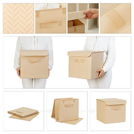 Ocean Home Textile 2'li Bej Balıksırtı Kapaklı Kutu Set 30 X 30 X 30 Cm