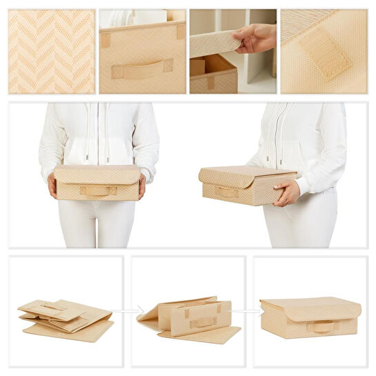 Ocean Home Textile Çekmece İçi Bej Balıksırtı Kapaklı Kutu 30 X 23 X 11 Cm