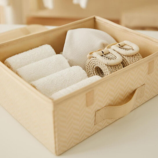 Ocean Home Textile Çekmece İçi Bej Balıksırtı Kapaklı Kutu 30 X 23 X 11 Cm