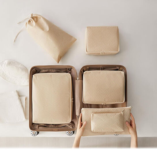 Ocean Home Textile 6'lı Bej Balıksırtı Bavul İçi Düzenleyici Set