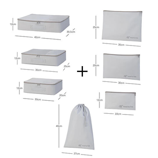 Ocean Home Textile 7'li Yıkanabilir Gri Renk Paraşüt Kumaş Bavul İçi Düzenleyici Set