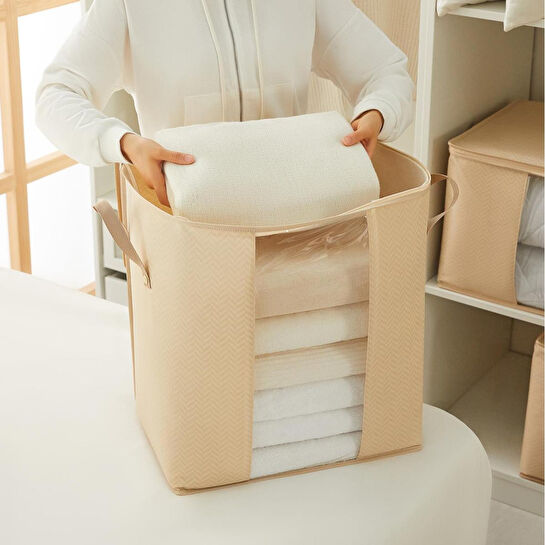 Ocean Home Textile 2'li Pvc Pencereli Bej Balıksırtı Hurç Set 45 X 30 X 50 Cm