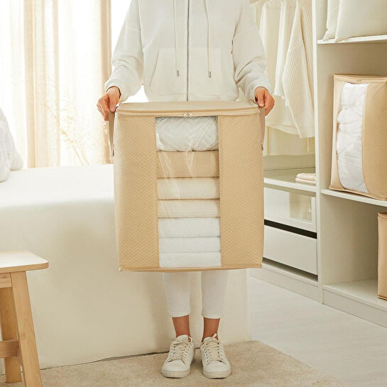 Ocean Home Textile 2'li Pvc Pencereli Bej Balıksırtı Hurç Set 45 X 30 X 50 Cm