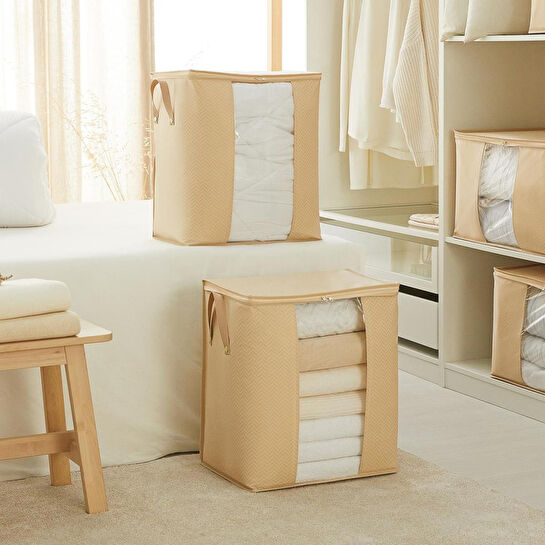 Ocean Home Textile 2'li Pvc Pencereli Bej Balıksırtı Hurç Set 45 X 30 X 50 Cm