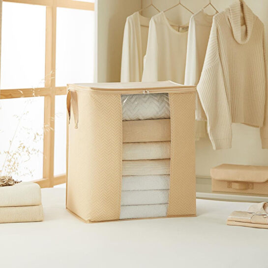 Ocean Home Textile 2'li Pvc Pencereli Bej Balıksırtı Hurç Set 45 X 30 X 50 Cm