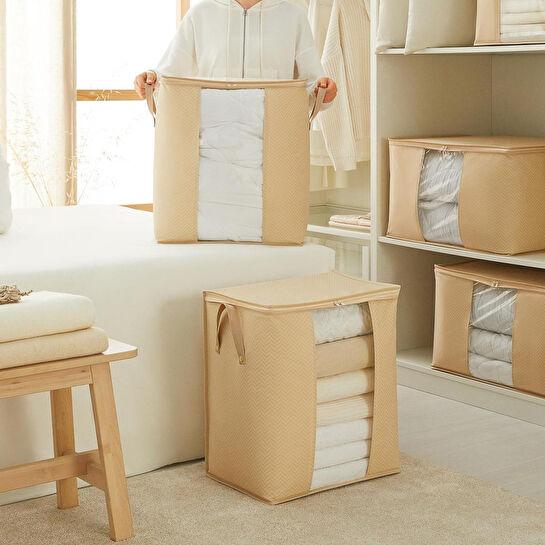 Ocean Home Textile 2'li Pvc Pencereli Bej Balıksırtı Hurç Set 45 X 30 X 50 Cm