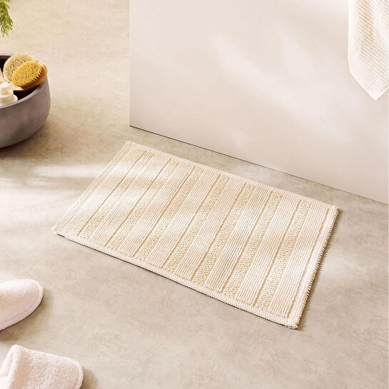 Ocean Home Textile Yıkanabilir Pamuklu Ekru Renk Çizgi Desen Banyo Paspası 40 X 60 Cm