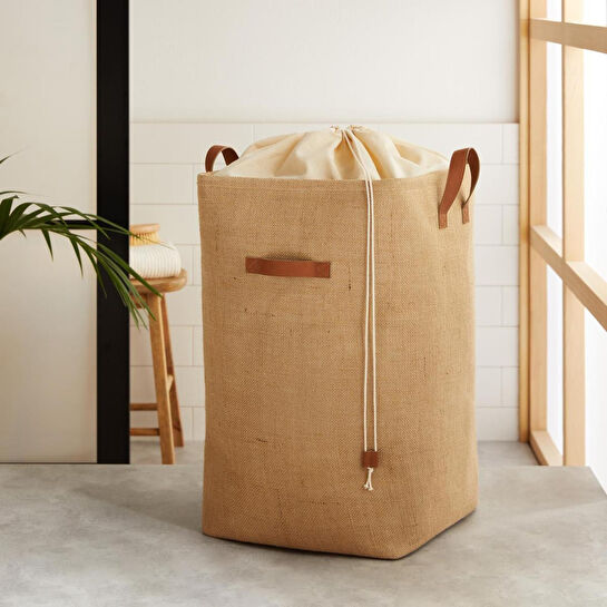 Ocean Home Textile Ağzı Büzgülü Jüt Çamaşır Sepeti 36 X 36 X 57 Cm