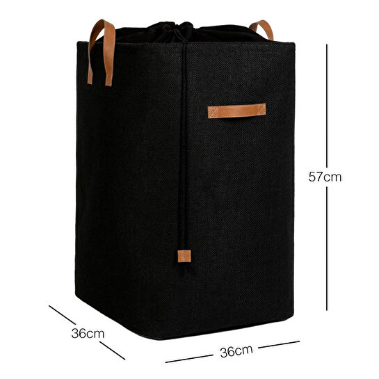 Ocean Home Textile Ağzı Büzgülü Siyah Renk Jüt Çamaşır Sepeti 36 X 36 X 57 Cm