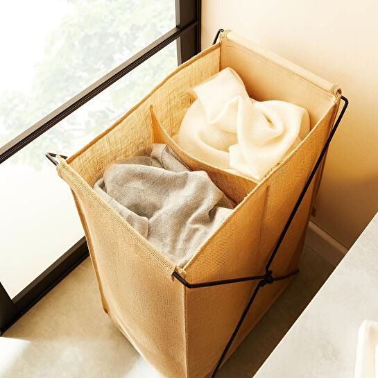 Ocean Home Textile Katlanabilir Bölmeli Siyah Metal Destekli Naturel Jüt Çamaşır Sepeti 44 X 29.5 X 63 Cm