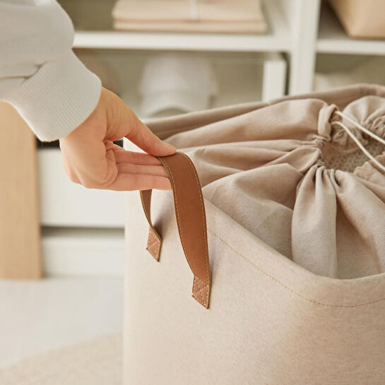 Ocean Home Textile Ağzı Büzgülü Bej Renk Çamaşır Sepeti 36 X 36 X 57 Cm