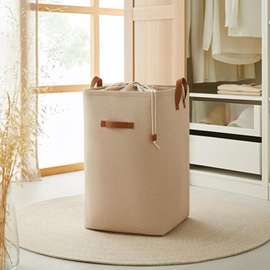 Ocean Home Textile Ağzı Büzgülü Bej Renk Çamaşır Sepeti 36 X 36 X 57 Cm