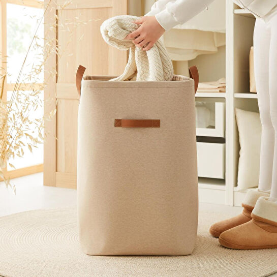Ocean Home Textile Ağzı Büzgülü Bej Renk Çamaşır Sepeti 36 X 36 X 57 Cm
