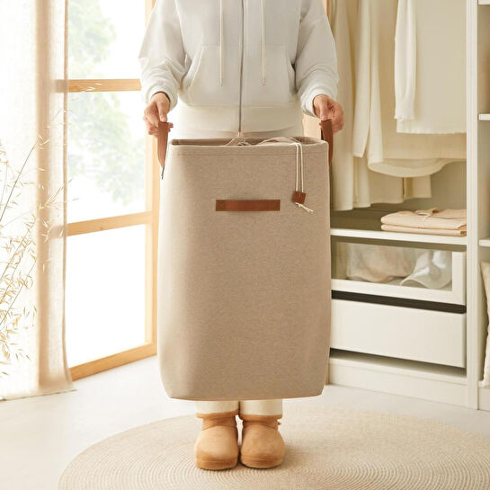 Ocean Home Textile Ağzı Büzgülü Bej Renk Çamaşır Sepeti 36 X 36 X 57 Cm